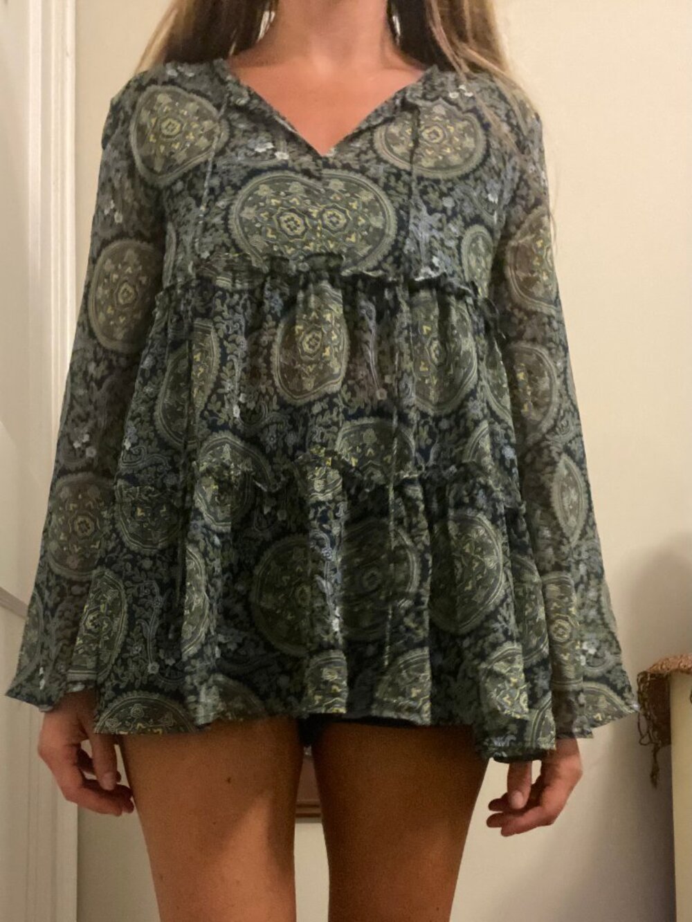 LOFT Boho Sheer Medallion Print Tiered Babydoll Blouse - Size XS